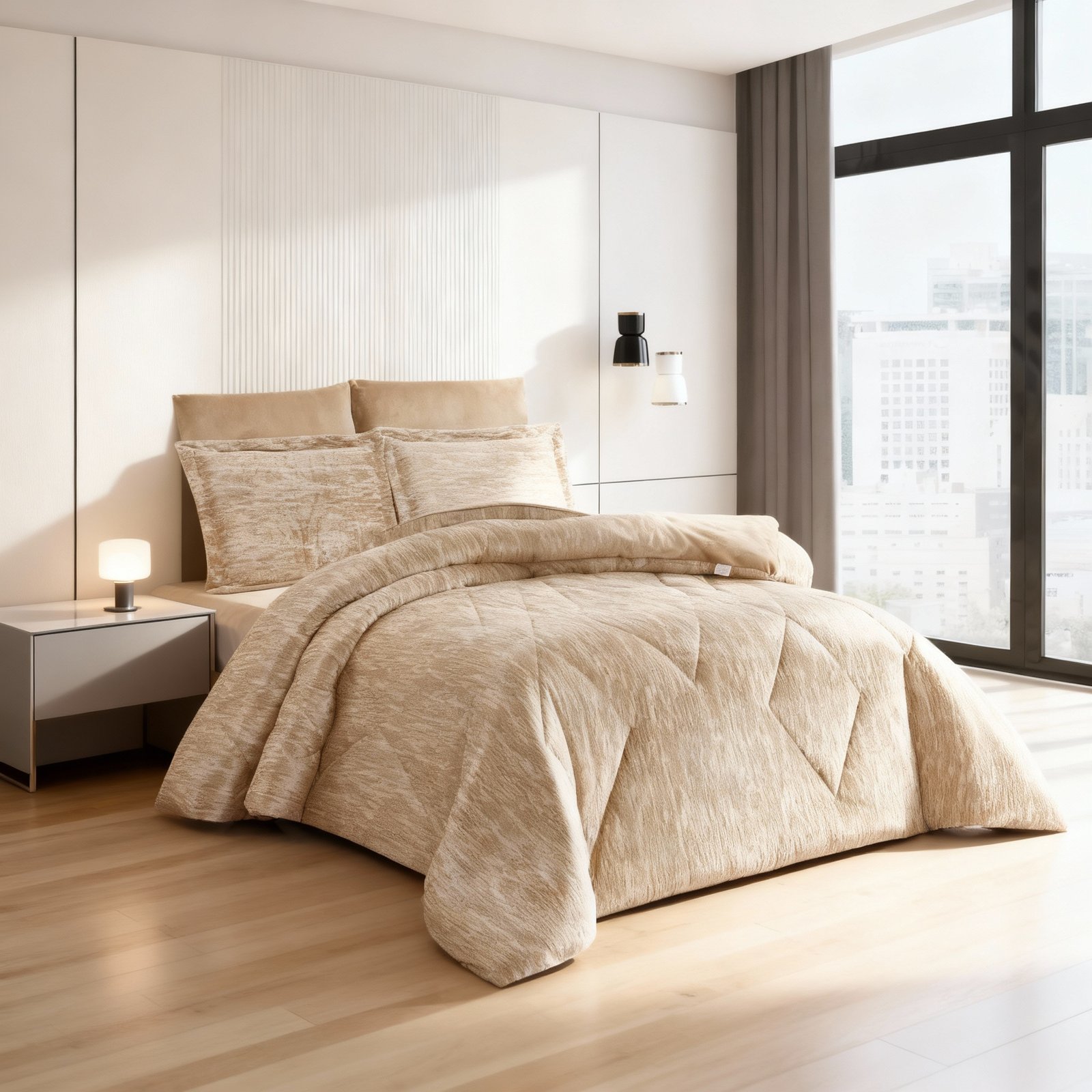 freepik__bright-modern-hotel-bedroom-with-large-floortoceil__60653.jpeg طقم لحاف كامي مفرد ونصف 4 قطع شتوي - الصورة 1